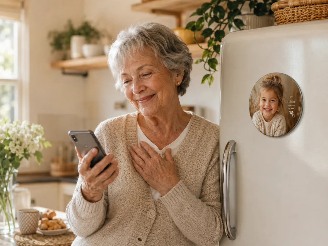A grandmother with her hand on her heart taps a round hilou photo magnet of her grandchild on the fridge and hears their voice on her phone